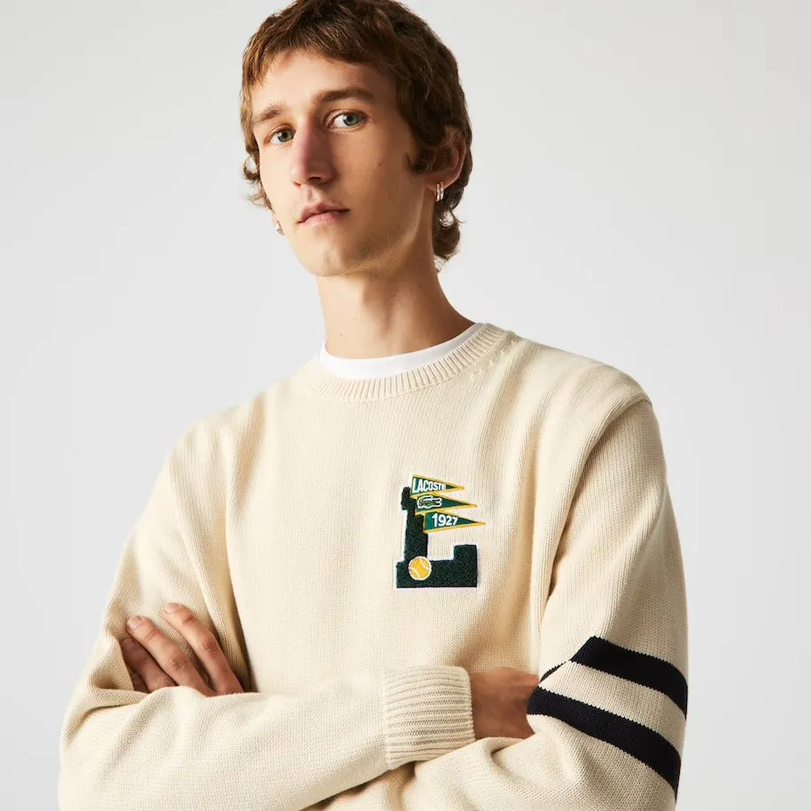 Lacoste Mens Crew Neck Pennants L Badge Wool And Cotton Sweater Beige/Navy Blue AH6789 JY1