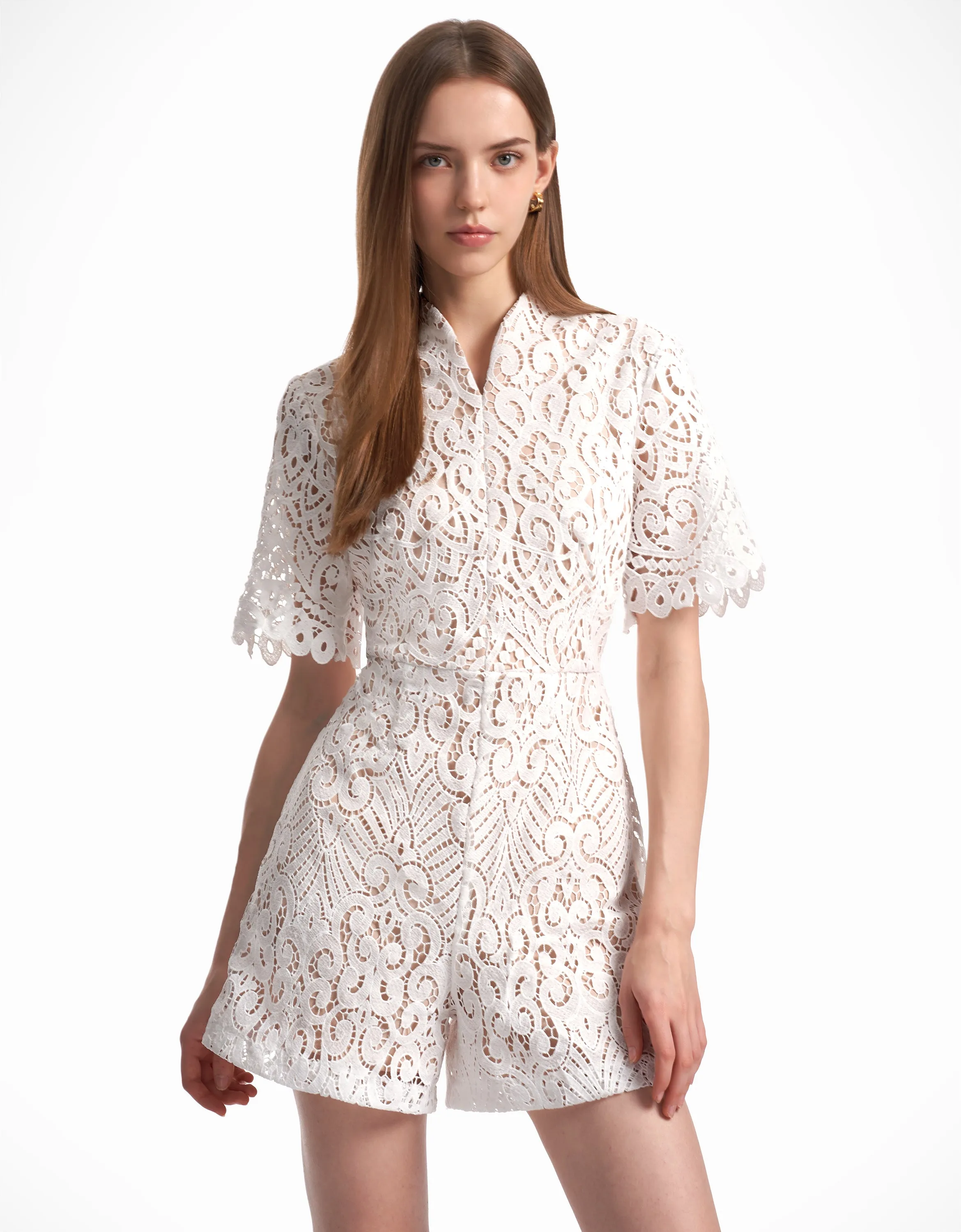 Mandarin Collar Lace Romper