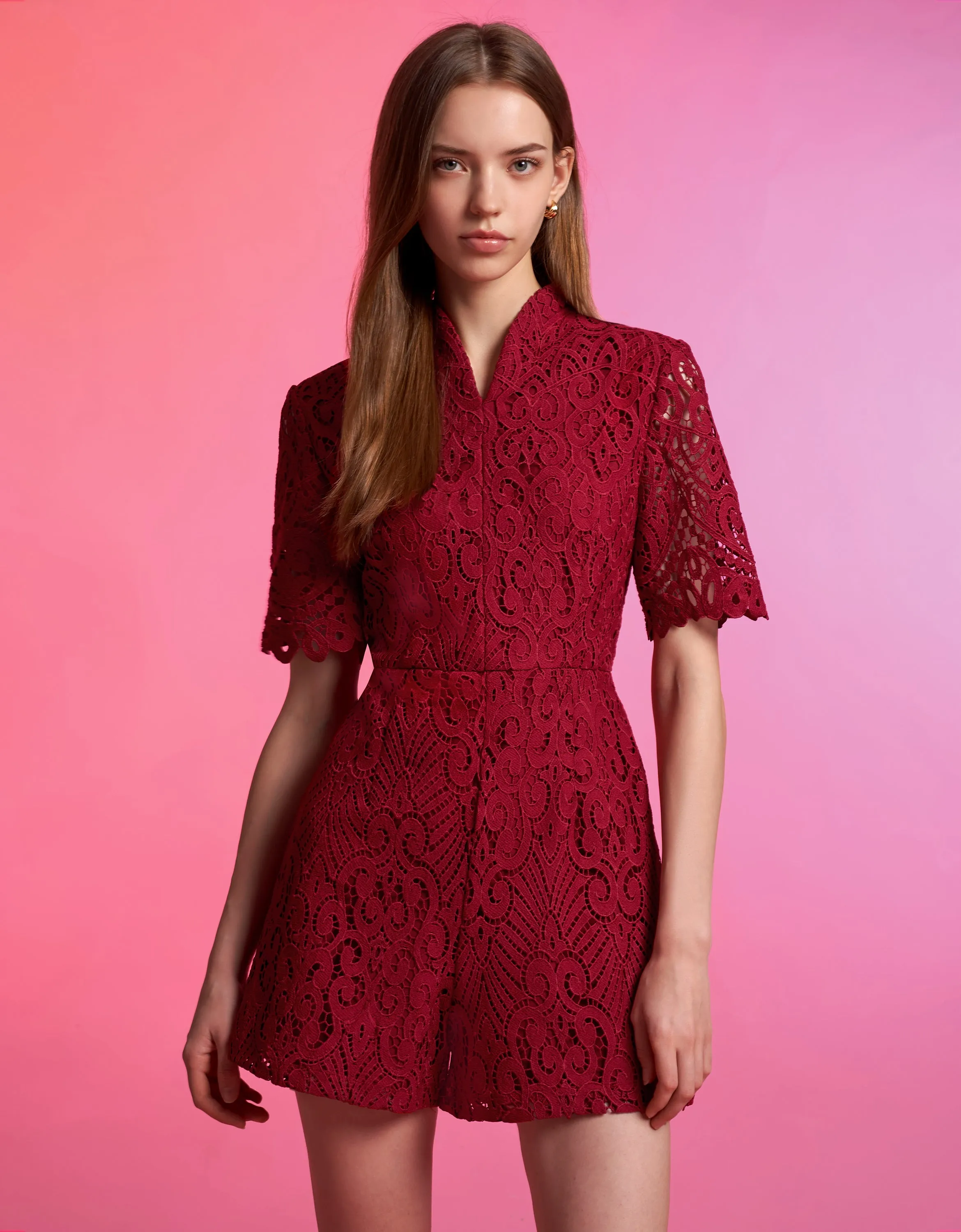 Mandarin Collar Lace Romper
