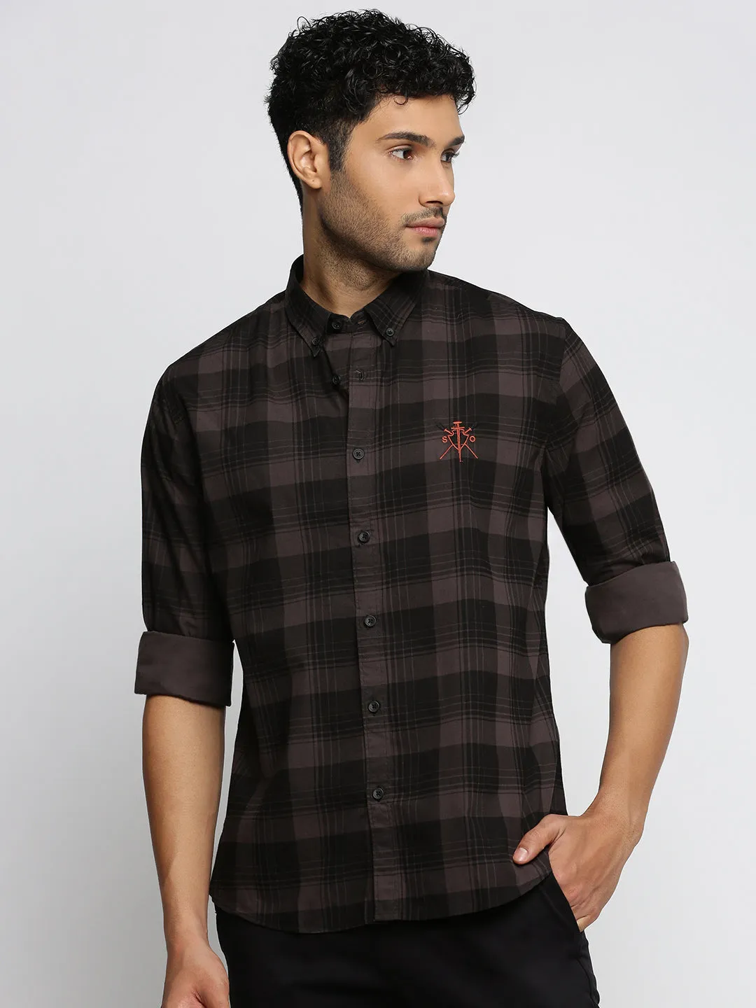 Men Grey Spread Collar Tartan Checks Shirt