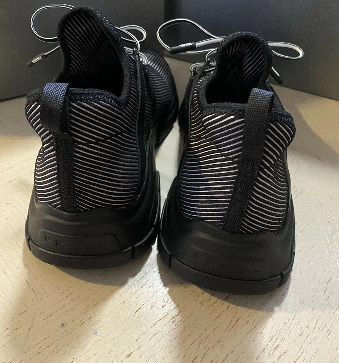 New $750 PRADA Men Logo Knit Row Sneakers Shoes Black 10.5 US/43.5 Eu Italy