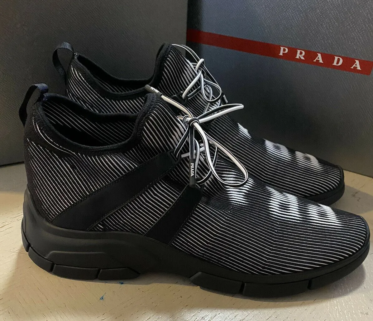 New $750 PRADA Men Logo Knit Row Sneakers Shoes Black 10.5 US/43.5 Eu Italy