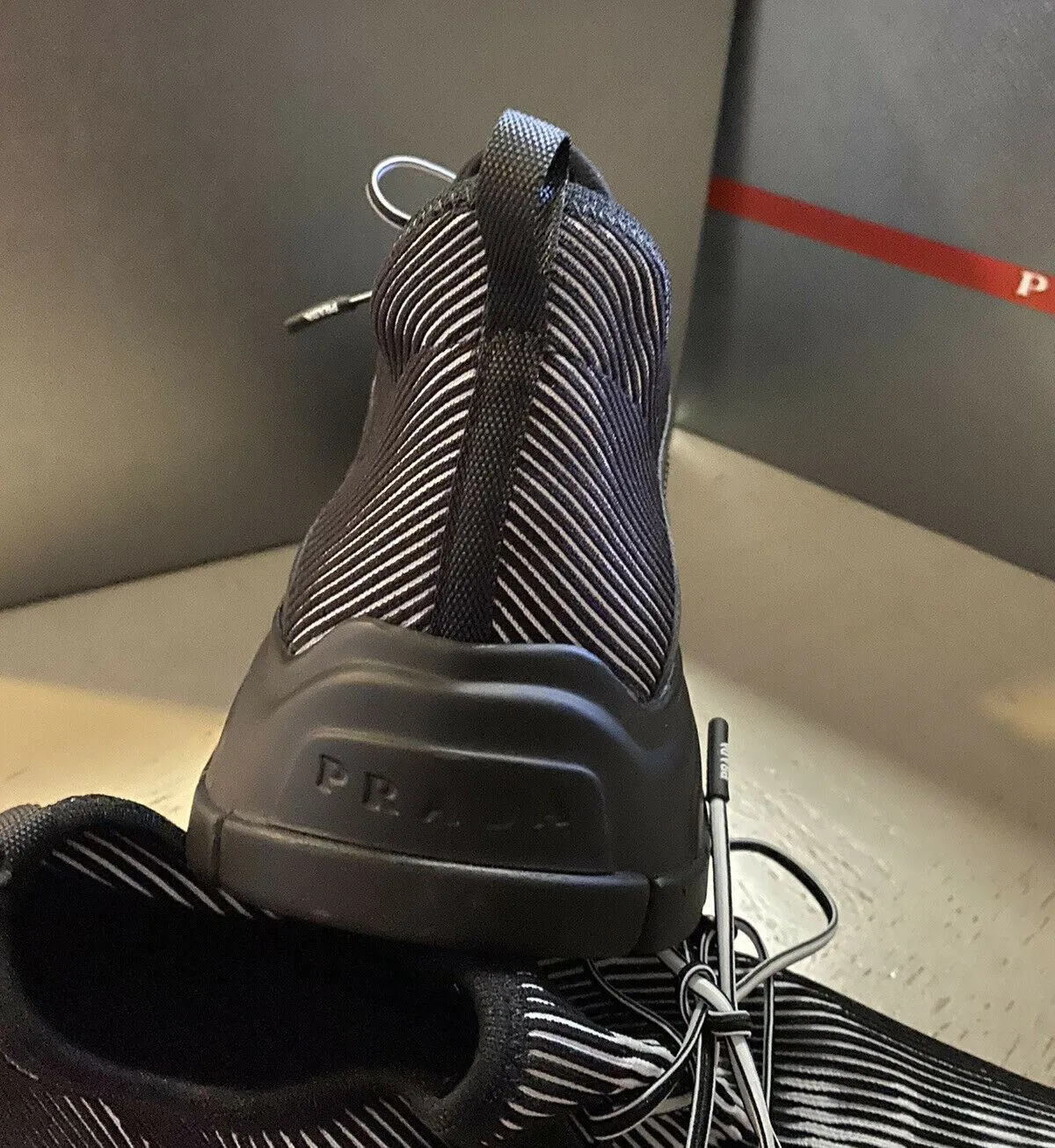 New $750 PRADA Men Logo Knit Row Sneakers Shoes Black 10.5 US/43.5 Eu Italy