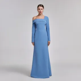Off-Shoulder Blue Crepe Evening Gown