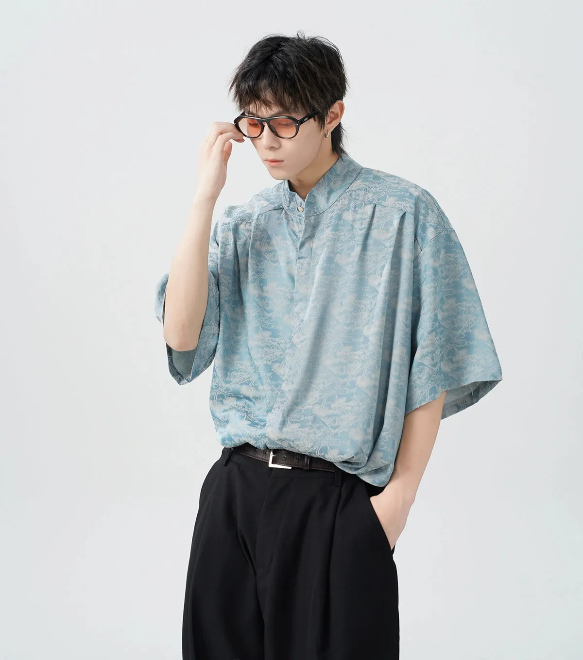 Oversized Tree Print Satin Button-Up Shirt