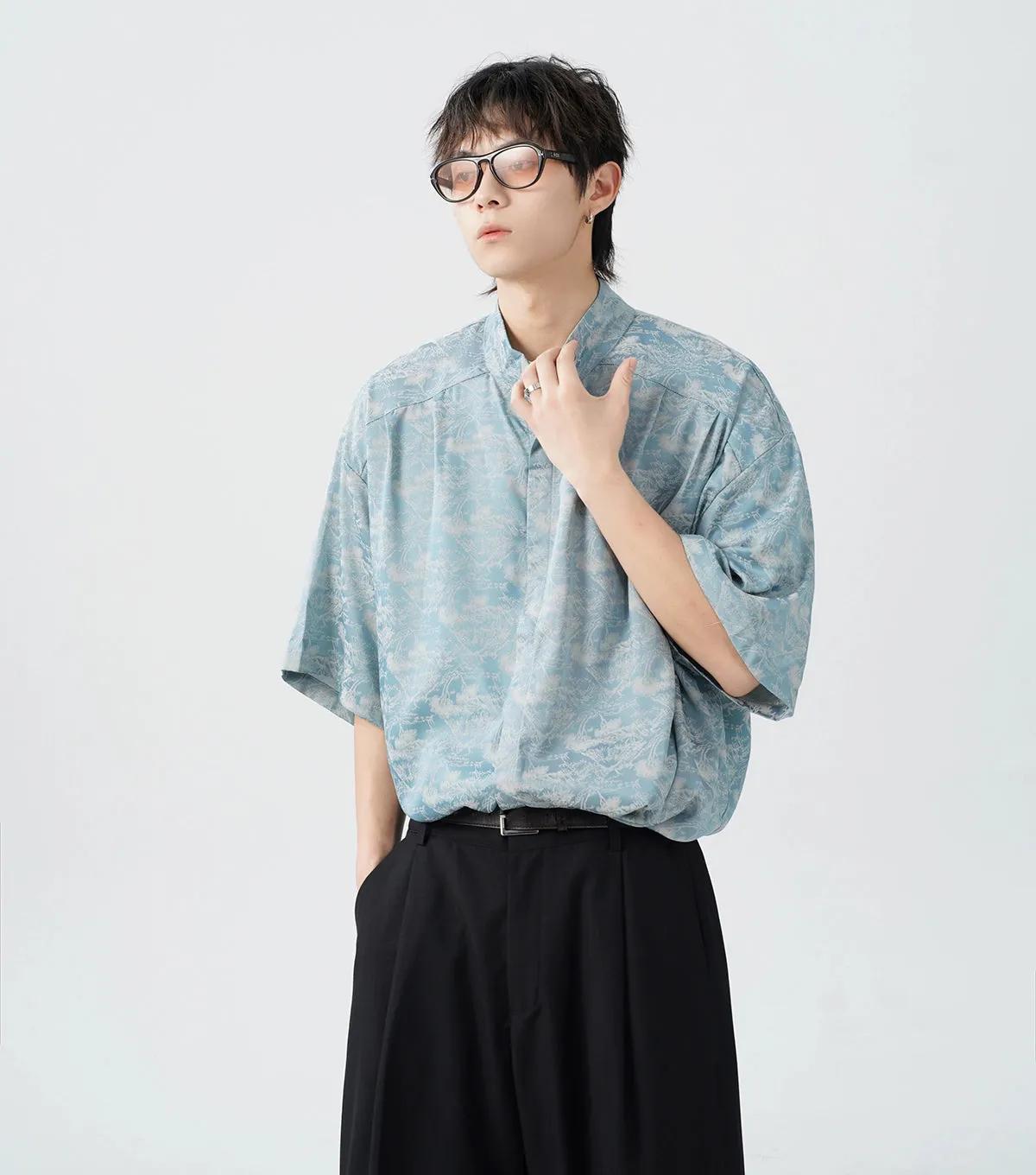 Oversized Tree Print Satin Button-Up Shirt