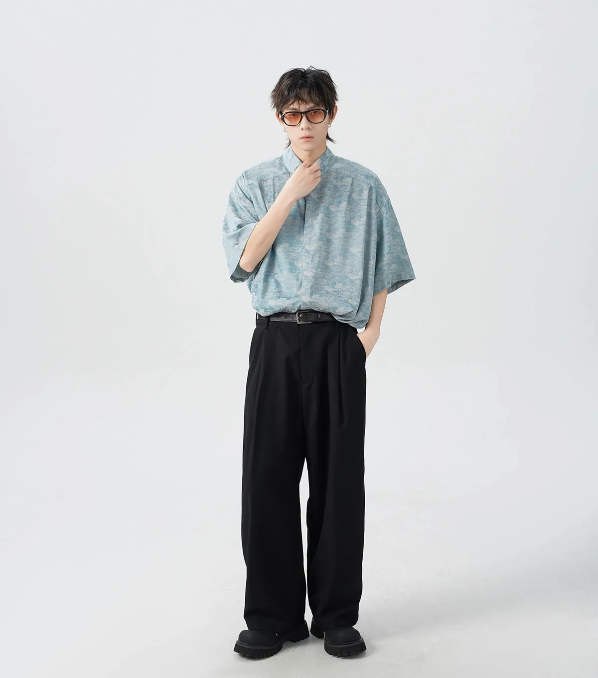 Oversized Tree Print Satin Button-Up Shirt