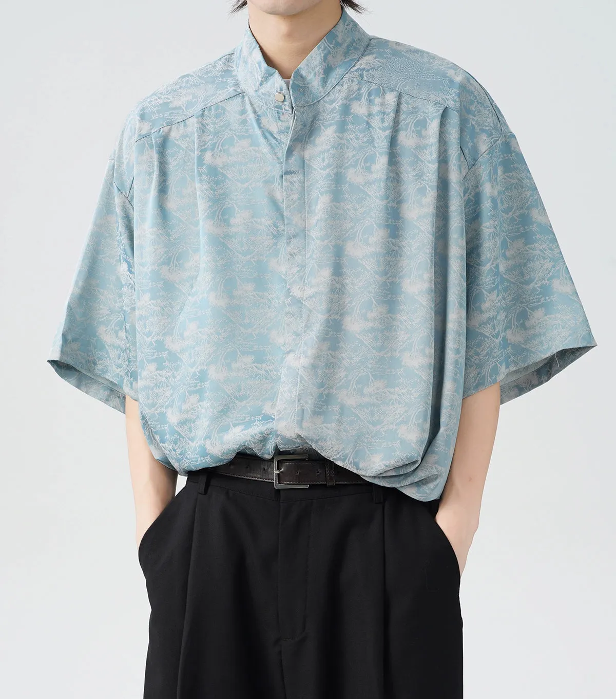 Oversized Tree Print Satin Button-Up Shirt