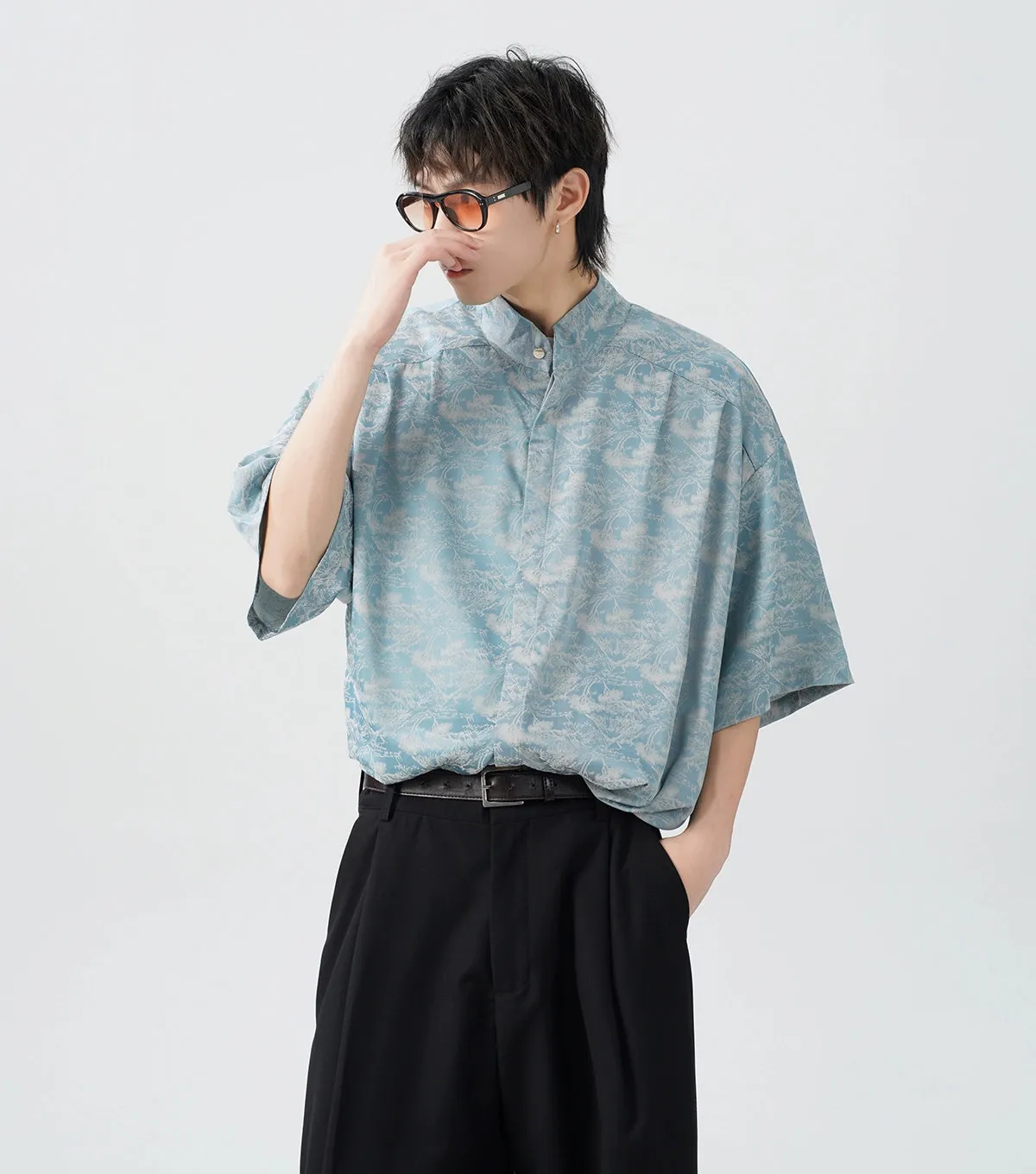 Oversized Tree Print Satin Button-Up Shirt