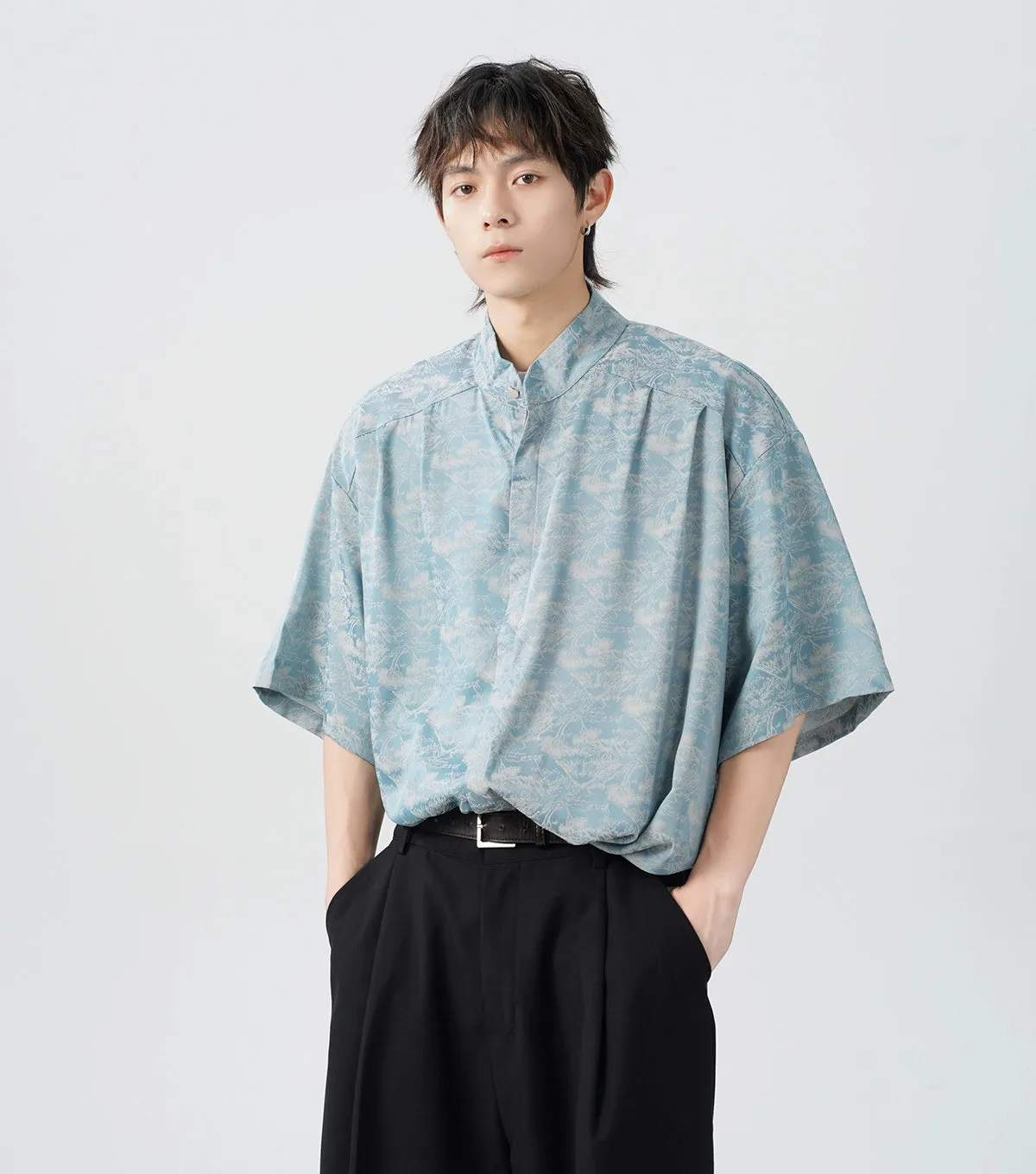 Oversized Tree Print Satin Button-Up Shirt