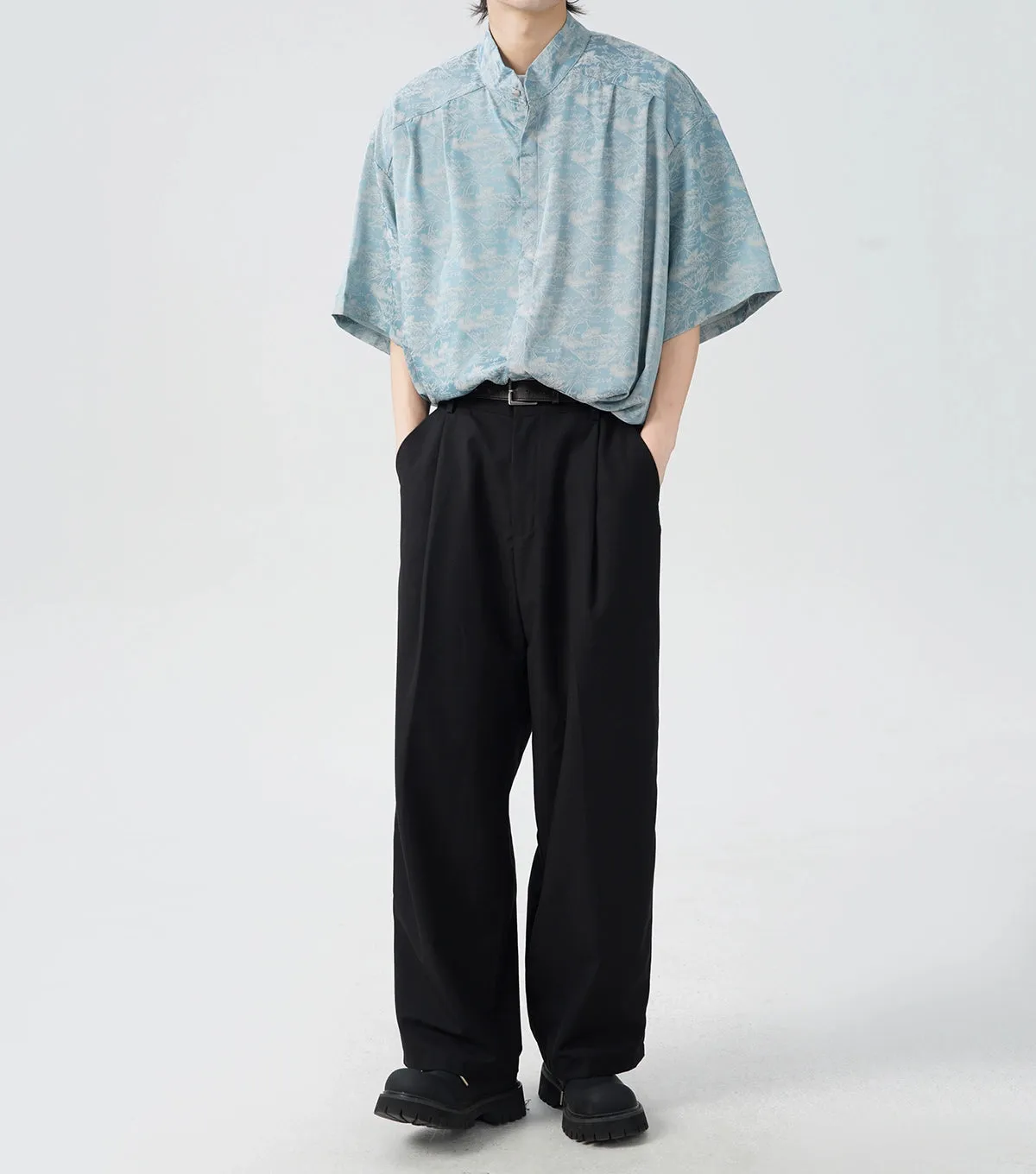 Oversized Tree Print Satin Button-Up Shirt