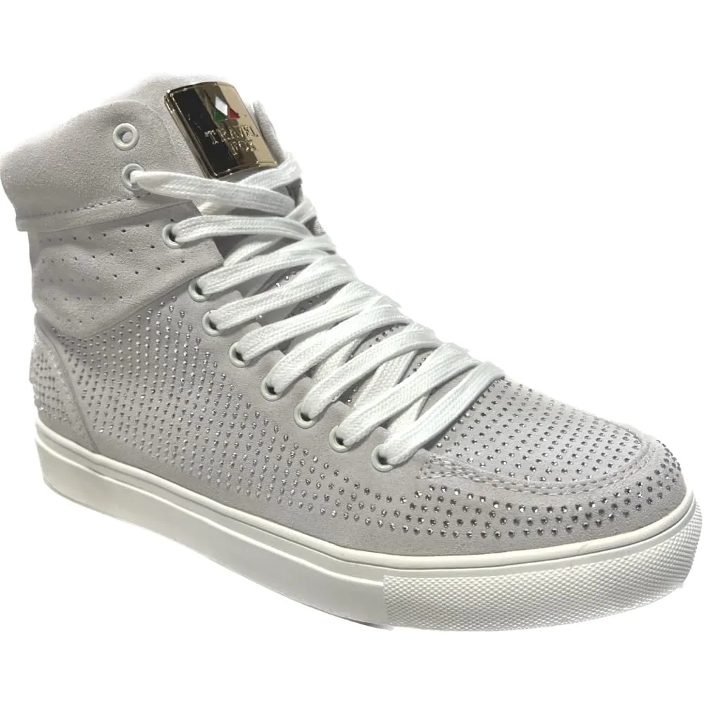Travel Fox Men's Silver High Top Rhinstone Leather Sneakers 9220 65