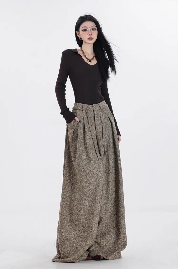Wide-Leg Pleated Textured Trousers with Waist String
