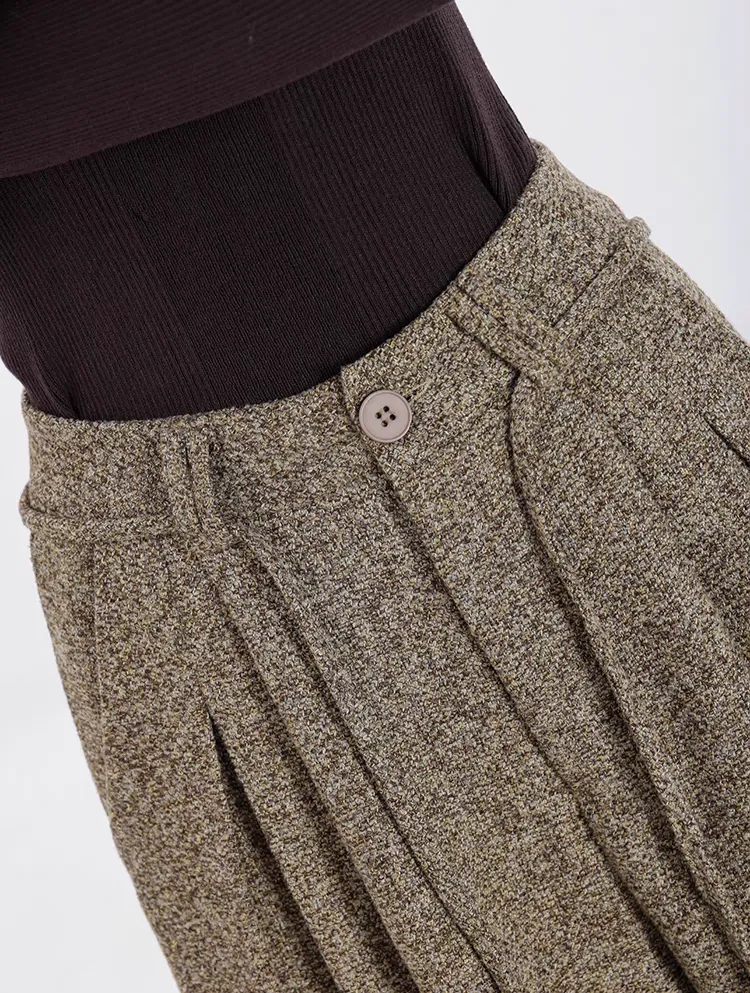 Wide-Leg Pleated Textured Trousers with Waist String