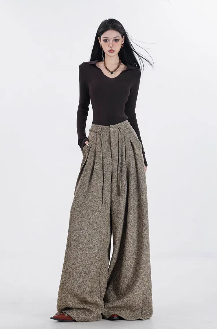 Wide-Leg Pleated Textured Trousers with Waist String
