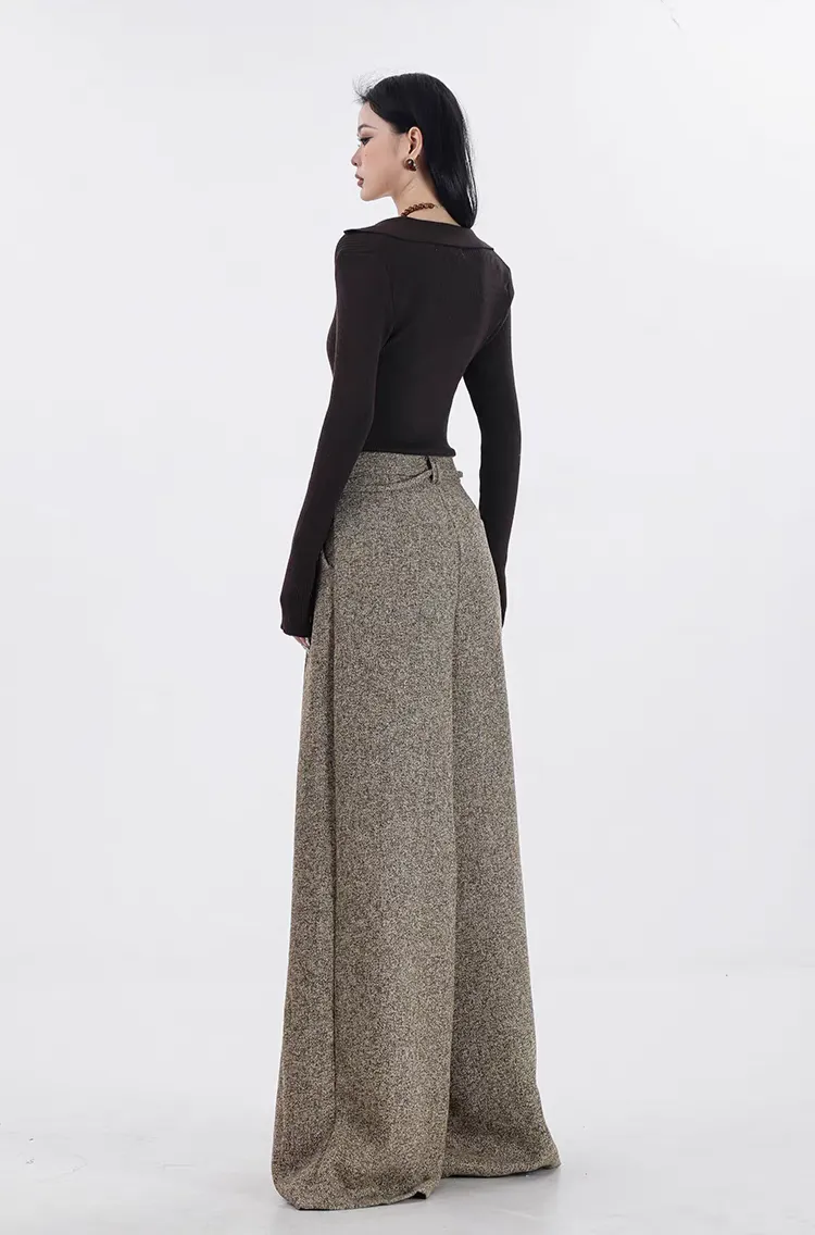Wide-Leg Pleated Textured Trousers with Waist String