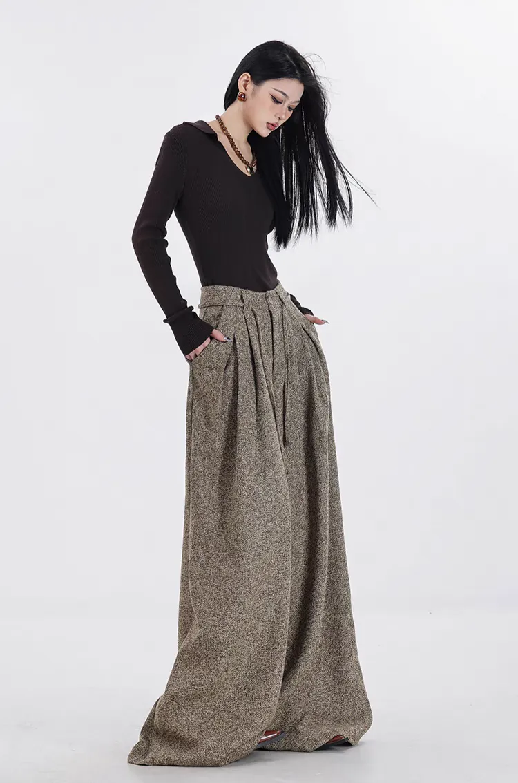 Wide-Leg Pleated Textured Trousers with Waist String