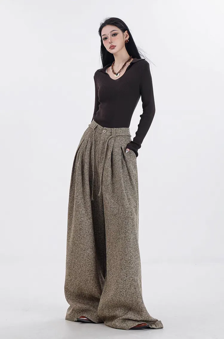 Wide-Leg Pleated Textured Trousers with Waist String
