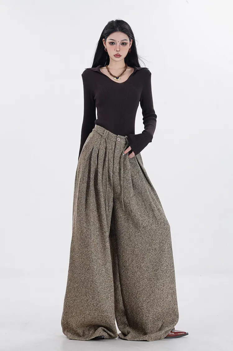 Wide-Leg Pleated Textured Trousers with Waist String