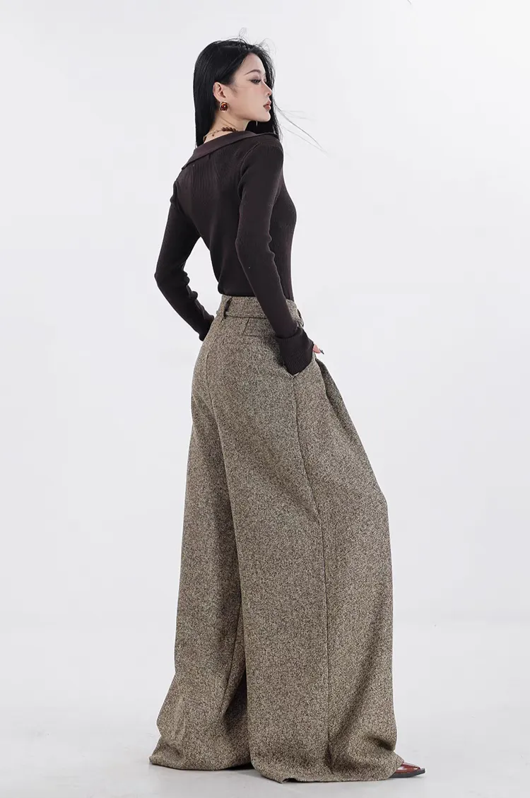 Wide-Leg Pleated Textured Trousers with Waist String