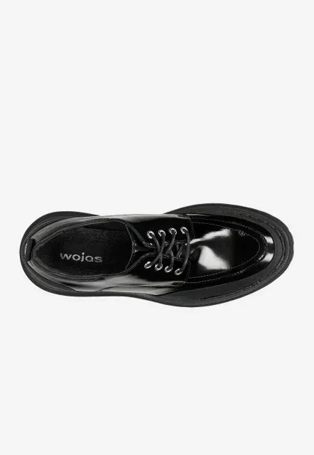 Wojas Black Lace-Up Patent Leather Wedge Loafers  | 4619371